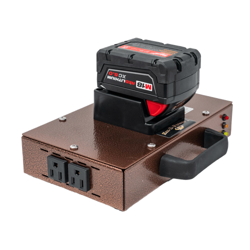 Compact portable power inverter with textured brown metal casing, black handle, and dual AC outlets, compatible with Milwaukee/DeWalt batteries, ideal for Farm, Garden & Tool and Emergency Supplies collections.