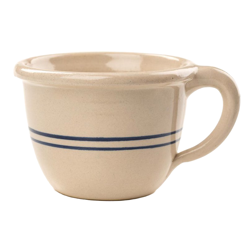 Handcrafted stoneware chili bowl in natural color with double blue stripes and handle, made in USA, ideal for Kitchen & Food, Dinnerware, USA Made, Best Sellers, and Promo Eligible collections.