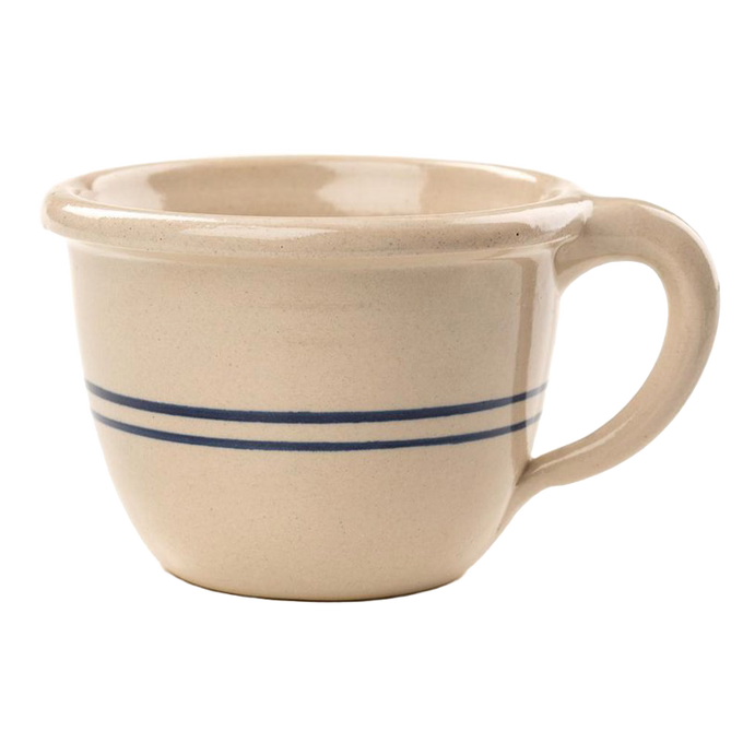 Handcrafted stoneware chili bowl in natural color with double blue stripes and handle, made in USA, ideal for Kitchen & Food, Dinnerware, USA Made, Best Sellers, and Promo Eligible collections.