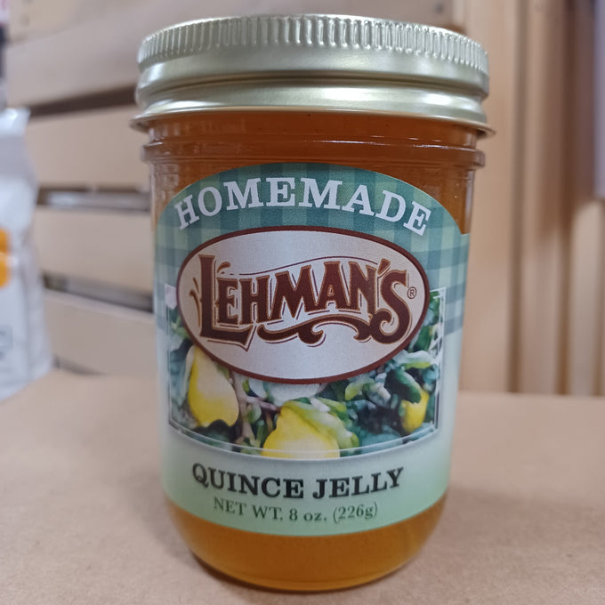 Glass jar of handcrafted Lehman's quince jelly made with all-natural ingredients, Amish made in USA, ideal for Kitchen & Food, Pantry, Peanut Butter & Jellies, USA Made, and Best Sellers collections.