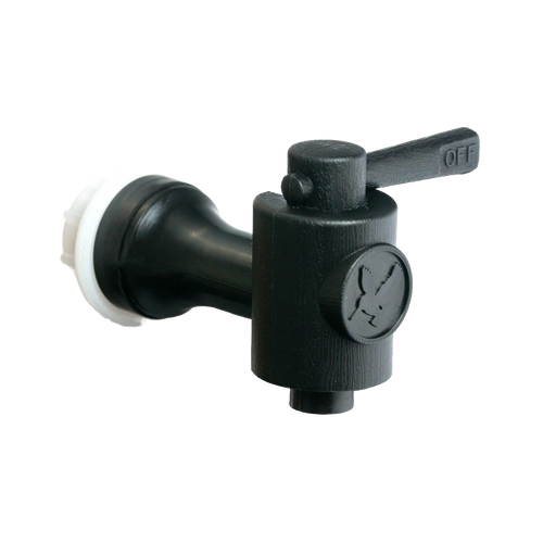 Handcrafted black plastic replacement tap designed for gravity water filters, suitable for emergency supplies and water treatment collections.