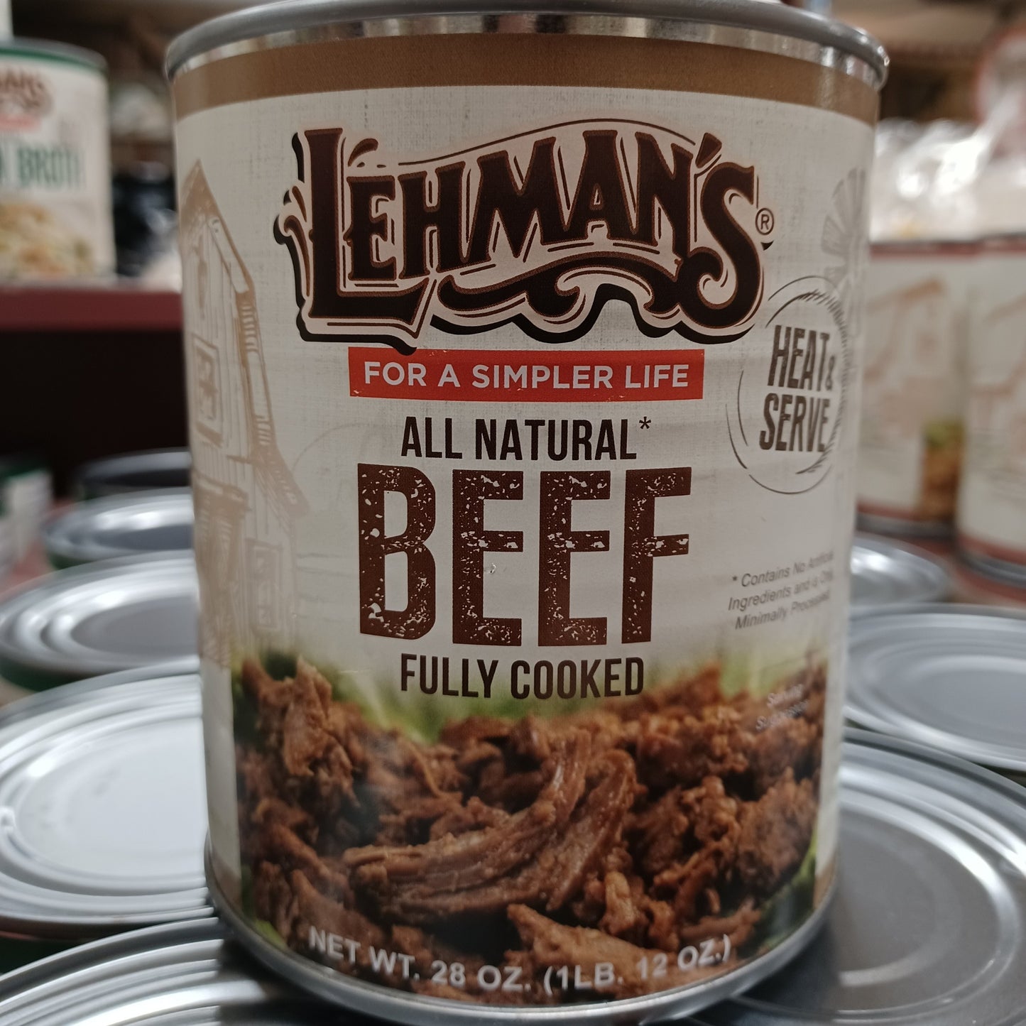 Can of handcrafted all natural fully cooked shredded beef with rustic label design, suitable for Farm, Garden & Tool, Kitchen & Food, Emergency Supplies, Food, Meats, Best Sellers, and Promo Eligible collections.