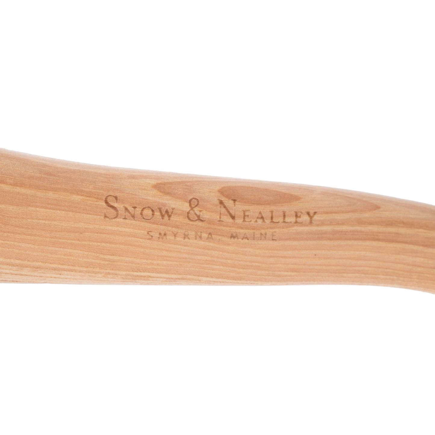 Close-up of a smooth natural hickory handle with “Snow & Nealley Smyrna Maine” branding, handcrafted and Amish made, ideal for camping and outdoor use.