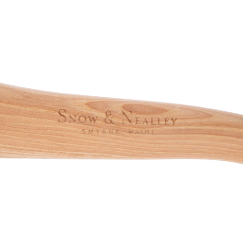 Close-up of a smooth natural hickory handle with “Snow & Nealley Smyrna Maine” branding, handcrafted and Amish made, ideal for camping and outdoor use.