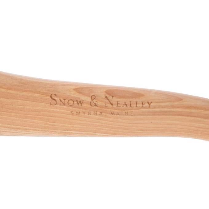 Close-up of a smooth natural hickory handle with “Snow & Nealley Smyrna Maine” branding, handcrafted and Amish made, ideal for camping and outdoor use.