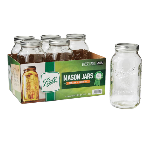 Set of six clear wide-mouth half-gallon glass canning jars with metal lids and bands, made in USA, designed for food preservation and kitchen use in best sellers collection.