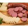 Handcrafted smoked Trail bologna sliced on a wooden board alongside neatly arranged creamy Swiss cheese, perfect for Kitchen & Food, Meats, and USA Made collections.