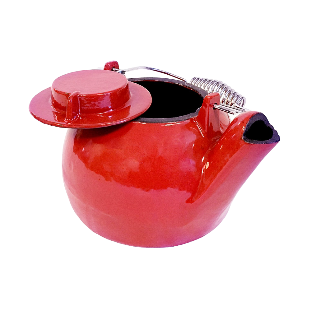 Durable handcrafted 2-1/2 quart red enamel cast iron kettle steamer with coiled metal handle, designed for wood stove use, featured in Stoves, Hearth Accessories, Best Sellers, and Promo Eligible collections.