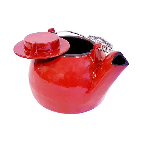 Durable handcrafted 2-1/2 quart red enamel cast iron kettle steamer with coiled metal handle, designed for wood stove use, featured in Stoves, Hearth Accessories, Best Sellers, and Promo Eligible collections.