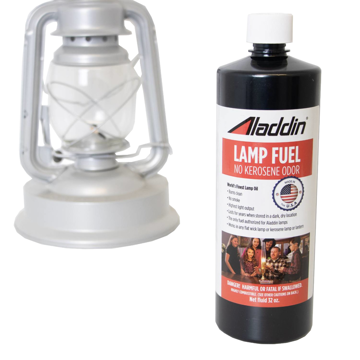 Black 32 oz bottle of Aladdin Genuine Lamp Oil with red and white label highlighting no kerosene odor, shown alongside a silver metal oil lamp, suitable for Lamps & Lighting, Parts and Accessories, Lamp and Lantern Fuel, Best Sellers, and Promo Eligible collections.