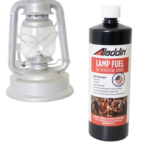 Black 32 oz bottle of Aladdin Genuine Lamp Oil with red and white label highlighting no kerosene odor, shown alongside a silver metal oil lamp, suitable for Lamps & Lighting, Parts and Accessories, Lamp and Lantern Fuel, Best Sellers, and Promo Eligible collections.