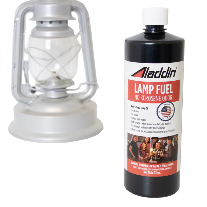 Black 32 oz bottle of Aladdin Genuine Lamp Oil with red and white label highlighting no kerosene odor, shown alongside a silver metal oil lamp, suitable for Lamps & Lighting, Parts and Accessories, Lamp and Lantern Fuel, Best Sellers, and Promo Eligible collections.