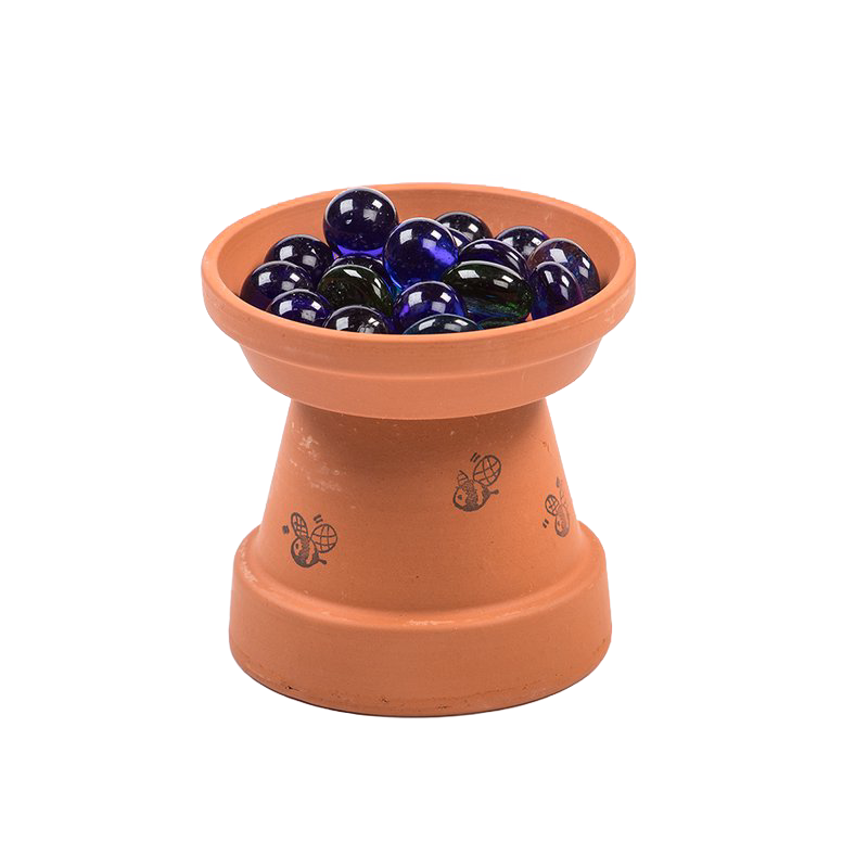 Handcrafted terracotta bee bath with bee illustrations, featuring blue glass stones for safe landing spots, designed for garden and animal care use in the USA.