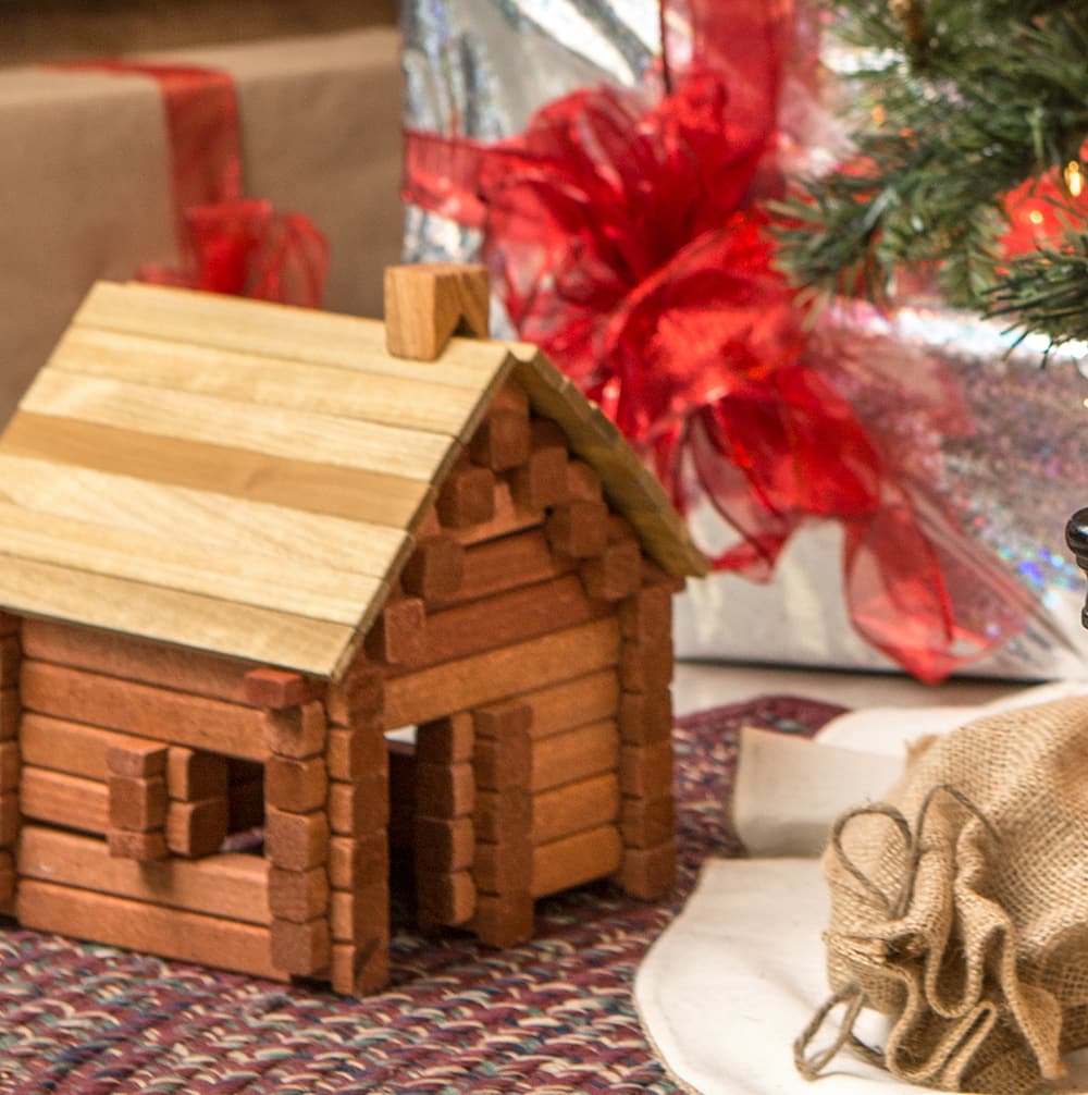 Handcrafted Amish made wooden log cabin toy set, crafted from durable hardwood with non-toxic stain, perfect for indoor play and children's educational fun, USA made.