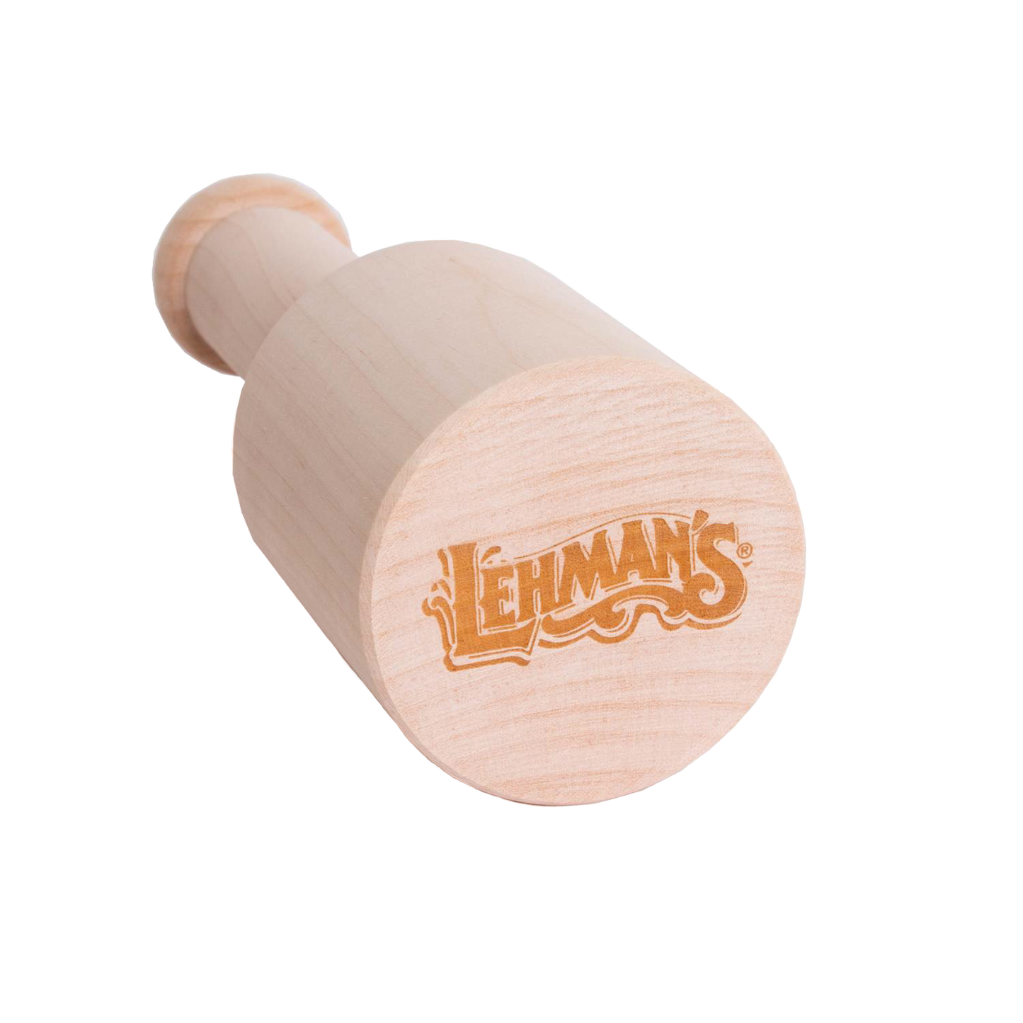 Close-up of a handcrafted birch wood mallet with ergonomic handle and Lehman's logo, made in the USA, ideal for farm, garden, and wood cutting tools.