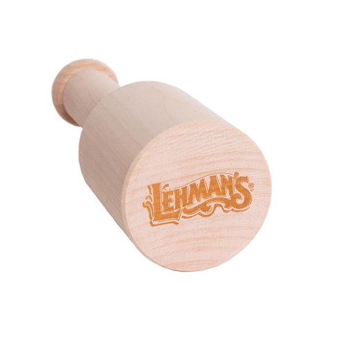 Close-up of a handcrafted birch wood mallet with ergonomic handle and Lehman's logo, made in the USA, ideal for farm, garden, and wood cutting tools.