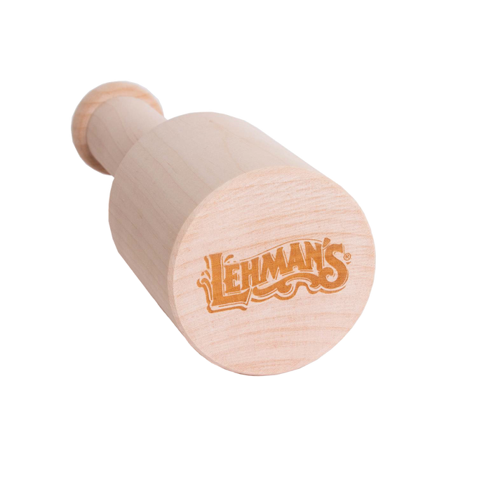 Close-up of a handcrafted birch wood mallet with ergonomic handle and Lehman's logo, made in the USA, ideal for farm, garden, and wood cutting tools.