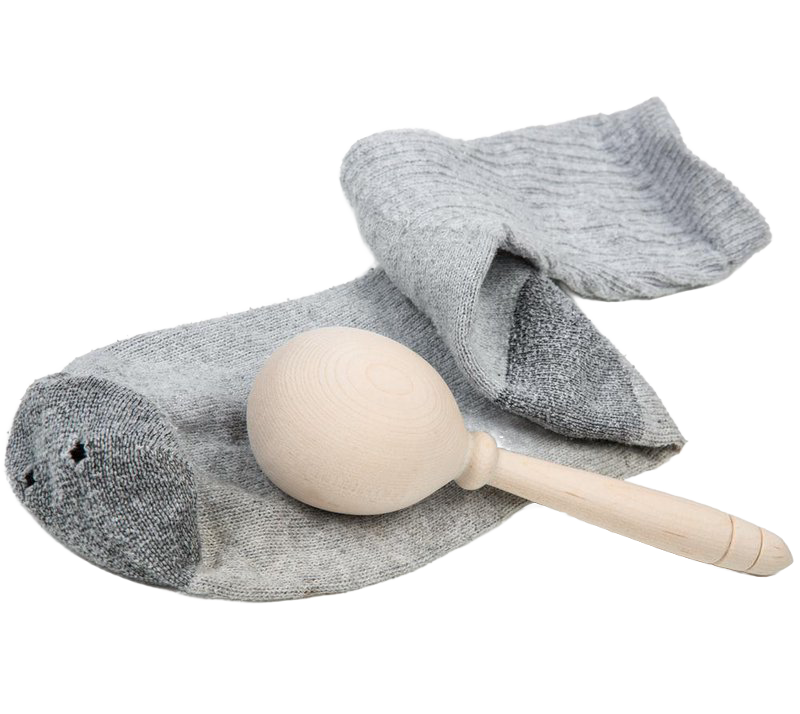 Handcrafted wooden sock darner ball with natural finish placed inside a gray sock showing its use for mending, featured in Sewing and Quilting, Home & Decor, USA Made, and Amish Made collections.