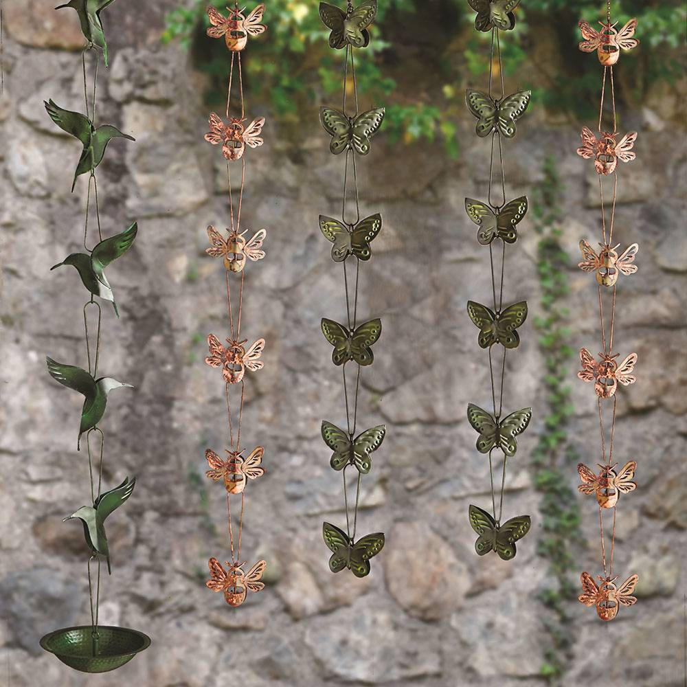 Decorative vertical rain chains featuring multiple handcrafted metal butterflies in green and copper tones, designed for outdoor garden decor and water flow in Farm, Garden & Tool collections.