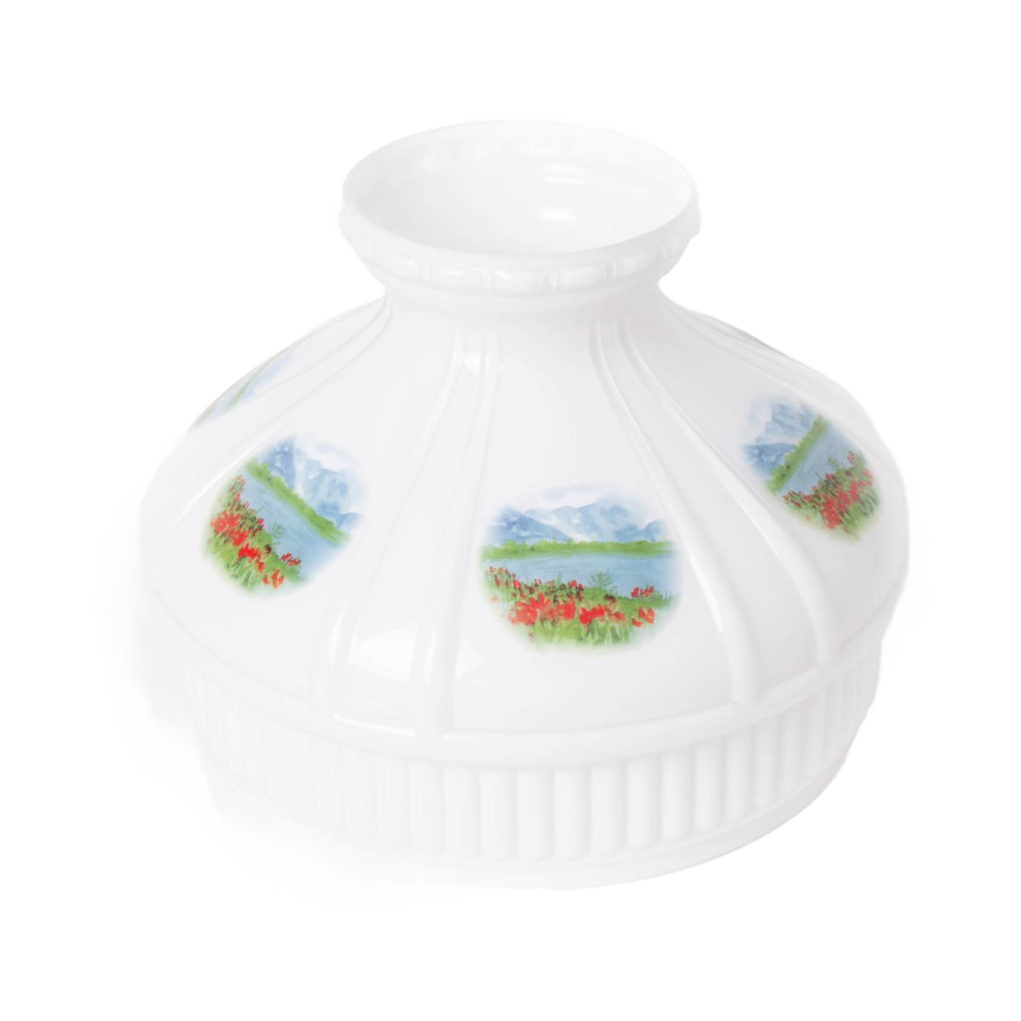 Handcrafted 10-inch glass lamp shade with Alpine Meadow floral and mountain scenes, designed to soften and distribute light in Lamps & Lighting, Parts and Accessories, and Lamp Shades collections.