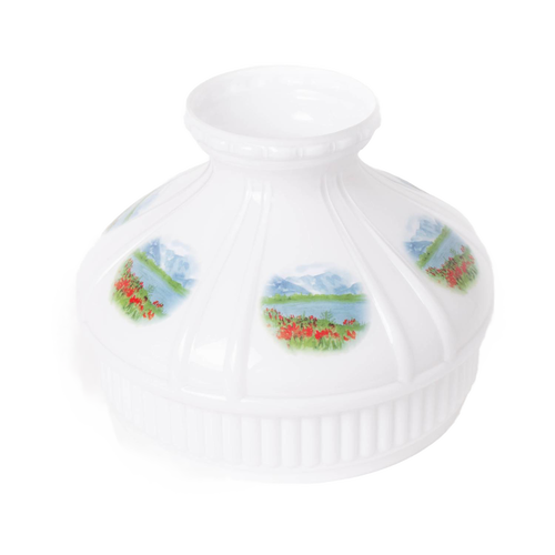 Handcrafted 10-inch glass lamp shade with Alpine Meadow floral and mountain scenes, designed to soften and distribute light in Lamps & Lighting, Parts and Accessories, and Lamp Shades collections.