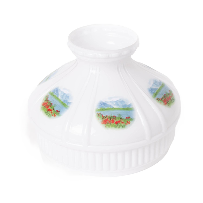 Handcrafted 10-inch glass lamp shade with Alpine Meadow floral and mountain scenes, designed to soften and distribute light in Lamps & Lighting, Parts and Accessories, and Lamp Shades collections.
