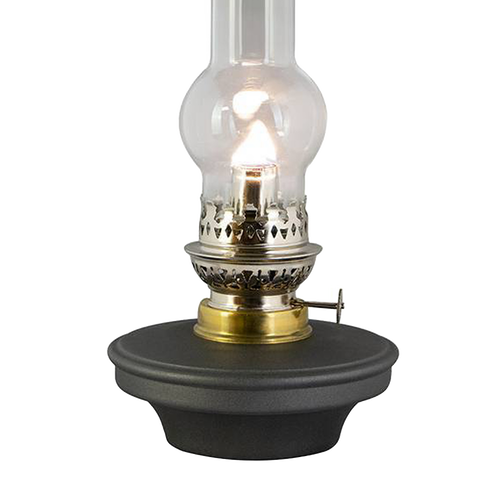 Handcrafted oil lamp with a bright flame, featuring a black base and clear glass chimney, designed for farm, garden, emergency supplies, and table lighting in lamps and lighting collections.