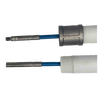 Close-up of two metal drop pipe lift rod connections attached to white PVC pipes, handcrafted and made in USA, suitable for deep well pumps, water pumps, and pump parts collections.