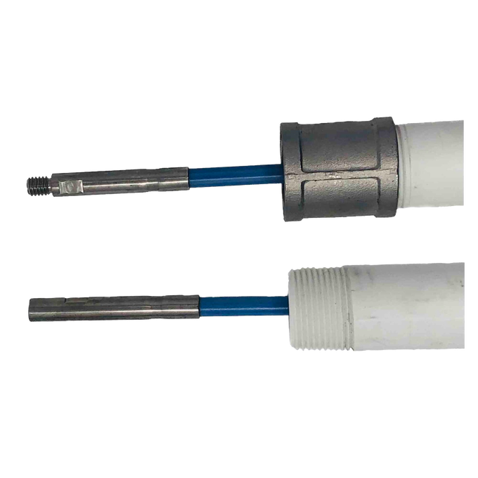 Close-up of two metal drop pipe lift rod connections attached to white PVC pipes, handcrafted and made in USA, suitable for deep well pumps, water pumps, and pump parts collections.