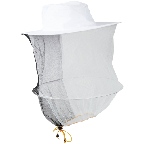 White poly-cotton blend protective beekeeping hat with attached veil designed to keep away from the face, featuring elastic underarms for a snug fit, ideal for Farm, Garden & Tool and Beekeeping Supplies collections.