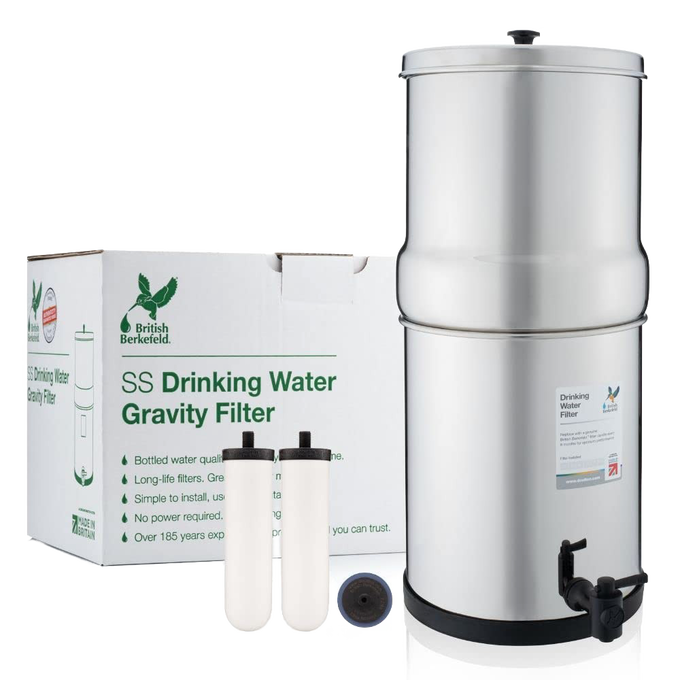 Handcrafted stainless steel gravity water filter system with two ceramic elements, designed for camping, emergency supplies, and farm, garden & tool collections.