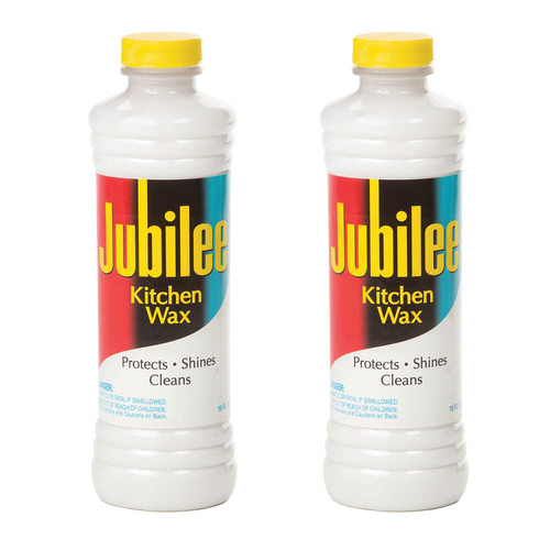 Two bottles of handcrafted Jubilee Kitchen Wax with yellow caps and vibrant retro labels in red, black, and blue, designed for cleaning, shining, and protecting surfaces, featured in Home & Decor, Household Cleaning, Cleaners and Polishes, USA Made, Best Sellers, and Promo Eligible collections.
