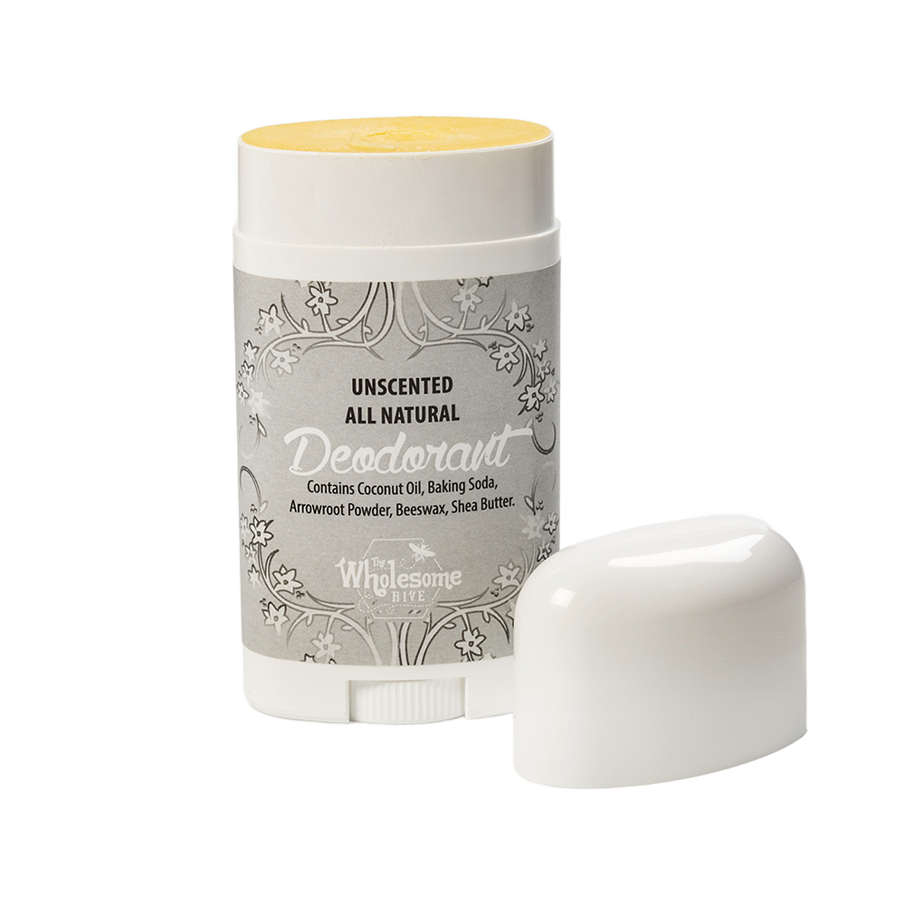 Handcrafted unscented natural deodorant stick made in the USA with beeswax, shea butter, coconut oil, baking soda, and arrowroot powder, featured in Health & Wellness and Grooming collections.