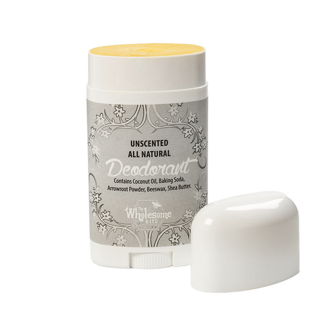 Handcrafted unscented natural deodorant stick made in the USA with beeswax, shea butter, coconut oil, baking soda, and arrowroot powder, featured in Health & Wellness and Grooming collections.