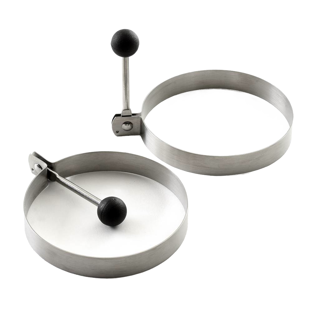 Set of two stainless steel pancake rings with stay-cool knockdown handles for easy removal, designed as a handcrafted kitchen gadget for Kitchen & Food, Cooking and Baking Helpers, and Best Sellers collections.