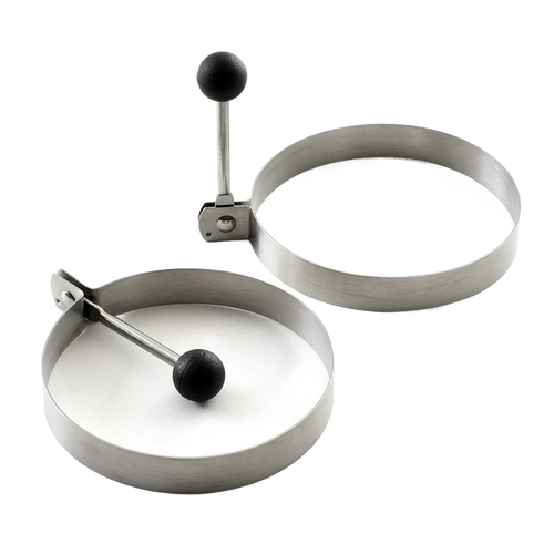 Set of two stainless steel pancake rings with stay-cool knockdown handles for easy removal, designed as a handcrafted kitchen gadget for Kitchen & Food, Cooking and Baking Helpers, and Best Sellers collections.