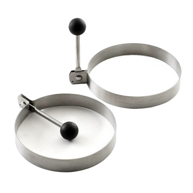 Set of two stainless steel pancake rings with stay-cool knockdown handles for easy removal, designed as a handcrafted kitchen gadget for Kitchen & Food, Cooking and Baking Helpers, and Best Sellers collections.