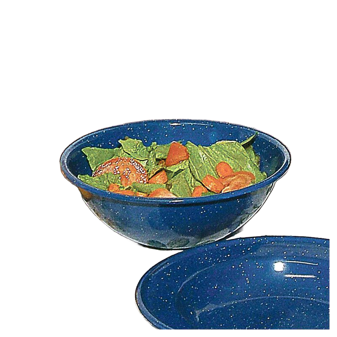 Royal blue enamelware bowl with white speckles, filled with fresh salad, ideal for Farm, Garden & Tool, Kitchen & Food, Camping, Dinnerware, Best Sellers, and Promo Eligible collections.