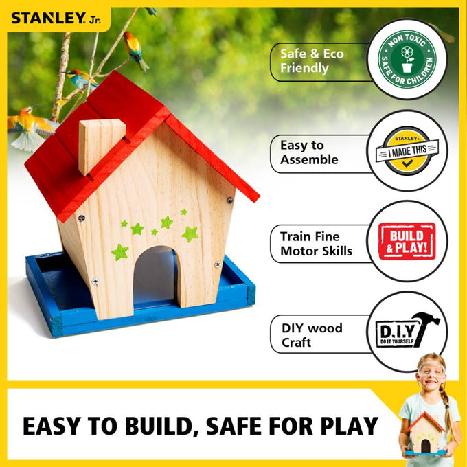 Wooden bird feeder featuring a red roof and blue base with green star decorations, designed for safe, eco-friendly DIY crafting to develop fine motor skills in children, part of Toys, Books & Games and Arts and Crafts collections.