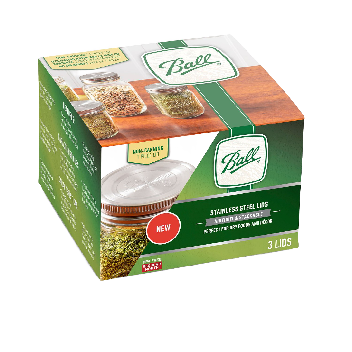 Package of three rust-proof stainless steel lids with silicone gaskets, designed to fit regular mouth jars for airtight storage, ideal for Kitchen & Food, Storage, and Best Sellers collections.