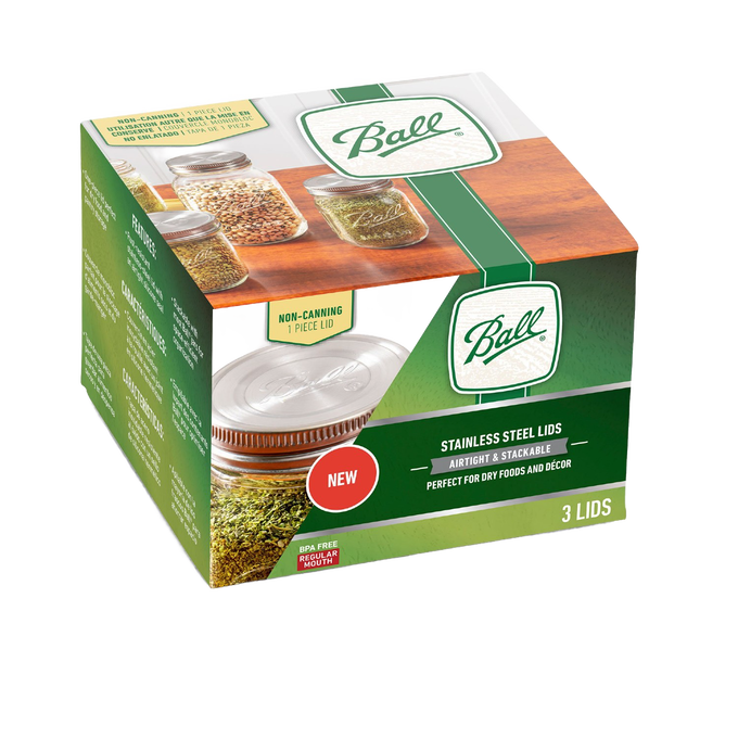 Package of three rust-proof stainless steel lids with silicone gaskets, designed to fit regular mouth jars for airtight storage, ideal for Kitchen & Food, Storage, and Best Sellers collections.