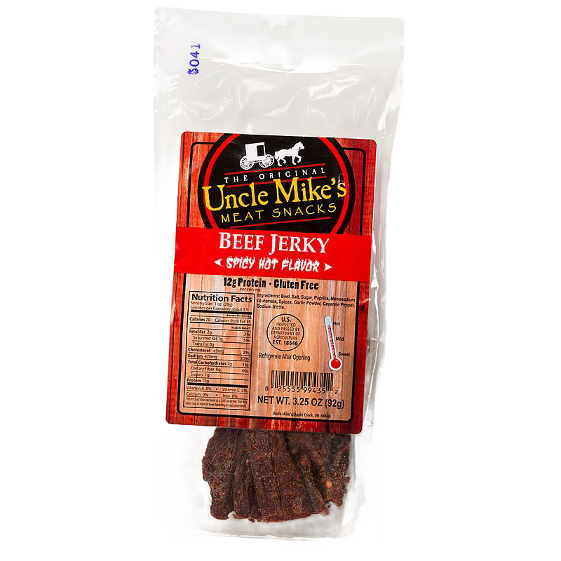 Single clear resealable package of spicy hot beef jerky featuring gluten-free, protein-rich meat snack made in USA, suitable for Kitchen & Food, Meats, Best Sellers, and Promo Eligible collections.