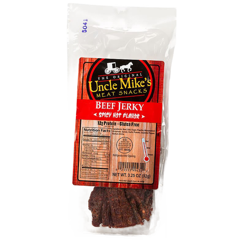 Single clear resealable package of spicy hot beef jerky featuring gluten-free, protein-rich meat snack made in USA, suitable for Kitchen & Food, Meats, Best Sellers, and Promo Eligible collections.