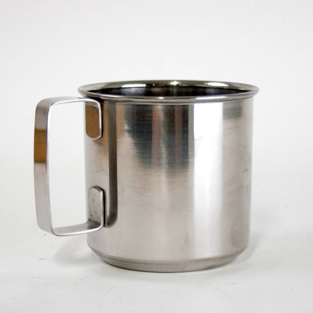 Single stainless steel cup with seamless construction and a sturdy handle, suitable for camping, kitchen use, and outdoor activities in Farm, Garden & Tool and Dinnerware collections.