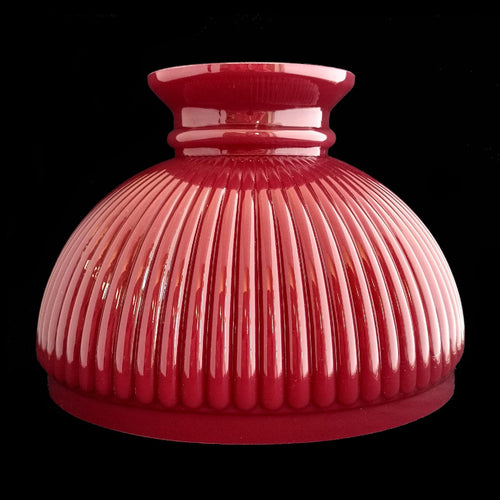 Handcrafted ruby red ribbed glass oil lamp shade with flared top, designed for use with 10-inch rings, featured in Lamps & Lighting, Parts and Accessories, Lamp Shades, and Best Sellers collections.