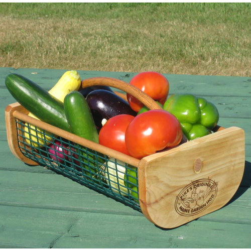 Handcrafted garden hod with wooden ends and wire mesh sides, holding fresh tomatoes, cucumber, zucchini, eggplant, and bell pepper, part of Farm, Garden & Tool and USA Made collections.