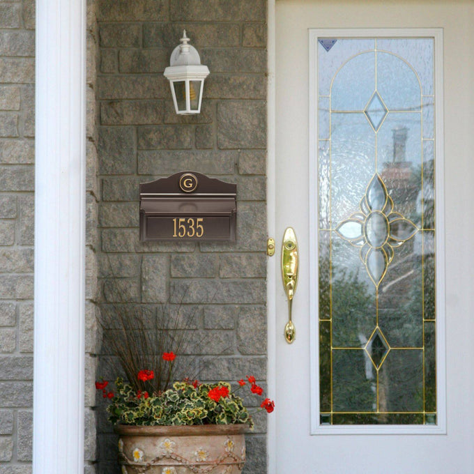 Handcrafted bronze and gold wall mount mailbox featuring a personalized house number and monogram, made in USA, enhancing curb appeal, ideal for Home & Decor and Mailboxes and Address Signs collections.