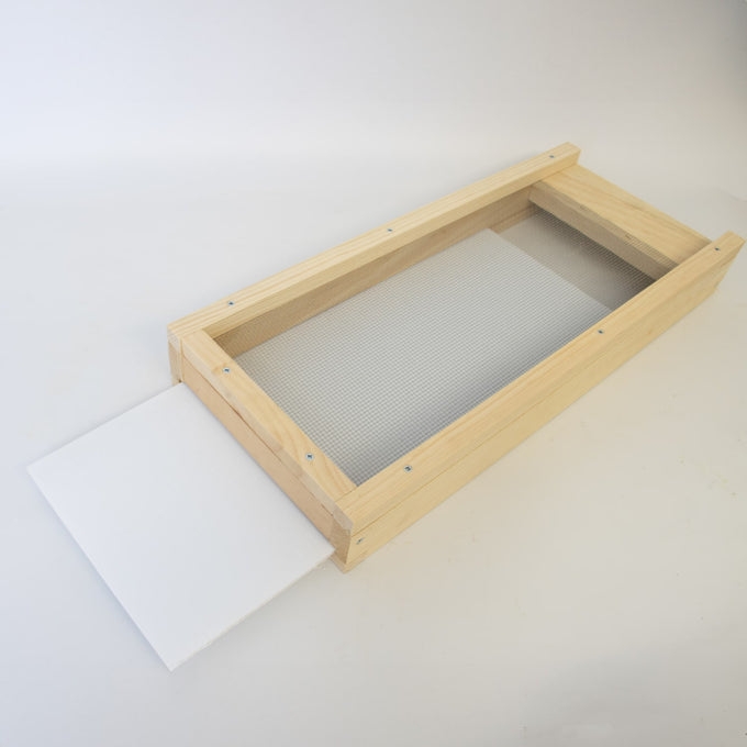 Handcrafted Amish-made wooden 5-frame varroa mite screen base with fine metal mesh and a removable debris board, ideal for Farm, Garden & Tool, Beekeeping Supplies, USA Made, and Best Sellers collections.