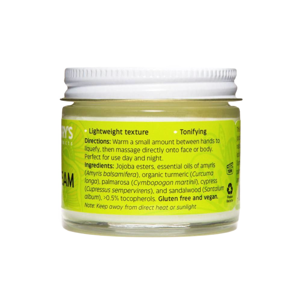 Clear glass jar of Uncle Harry's Ayurvedic Face Cream with a white lid, featuring a lightweight, moisturizing formula made in USA, ideal for health, wellness, and personal care collections.