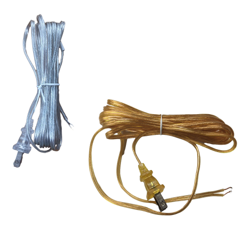 Two bundles of transparent electric cords, one amber and one clear, equipped with connectors for converting lanterns into electric lights, suited for emergency and parts collections.